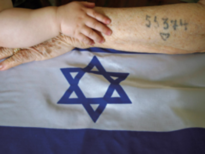 Israeli flag & survivor & baby arms